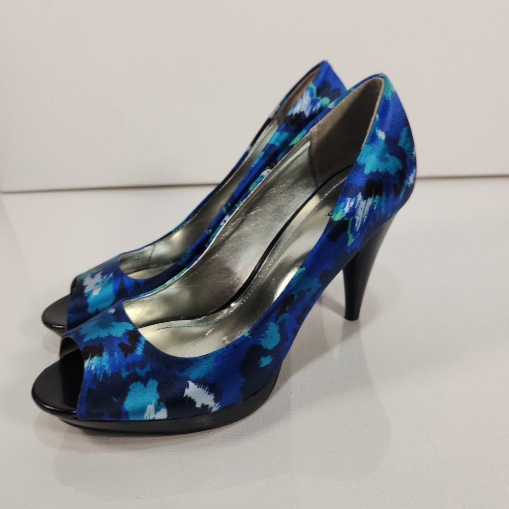 Style & Co Womens Heels Size 8M Blue Open Toe Tie Dye Multicolor Floral
